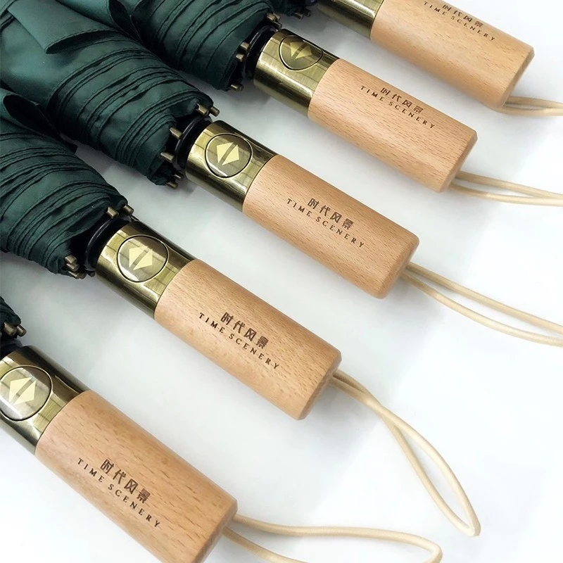Wooden handle umbrella with logo printed on it